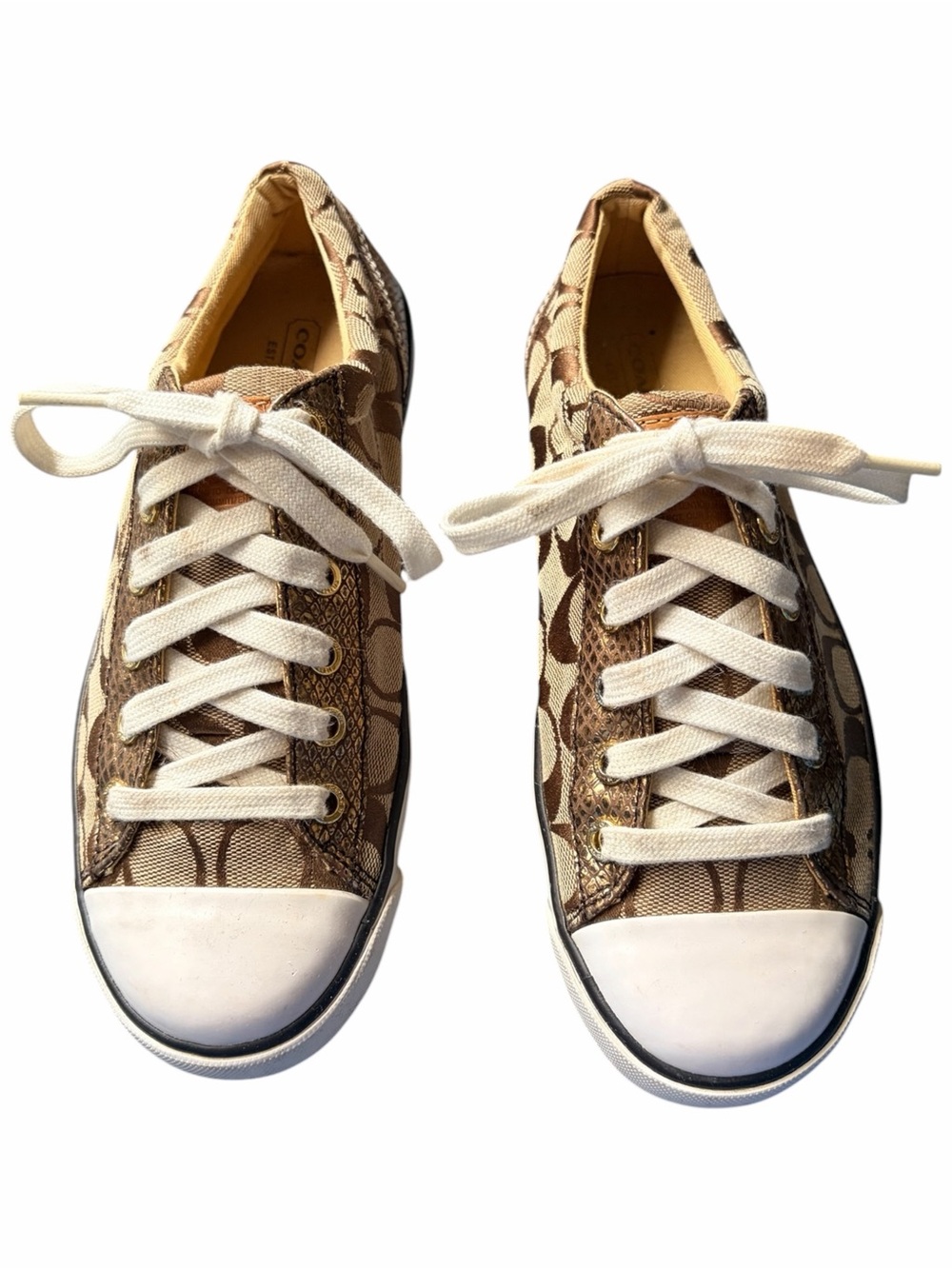 COACH Gema Brown Signature Canvas Low-Top Sneakers w/ Gold Snake Skin Details